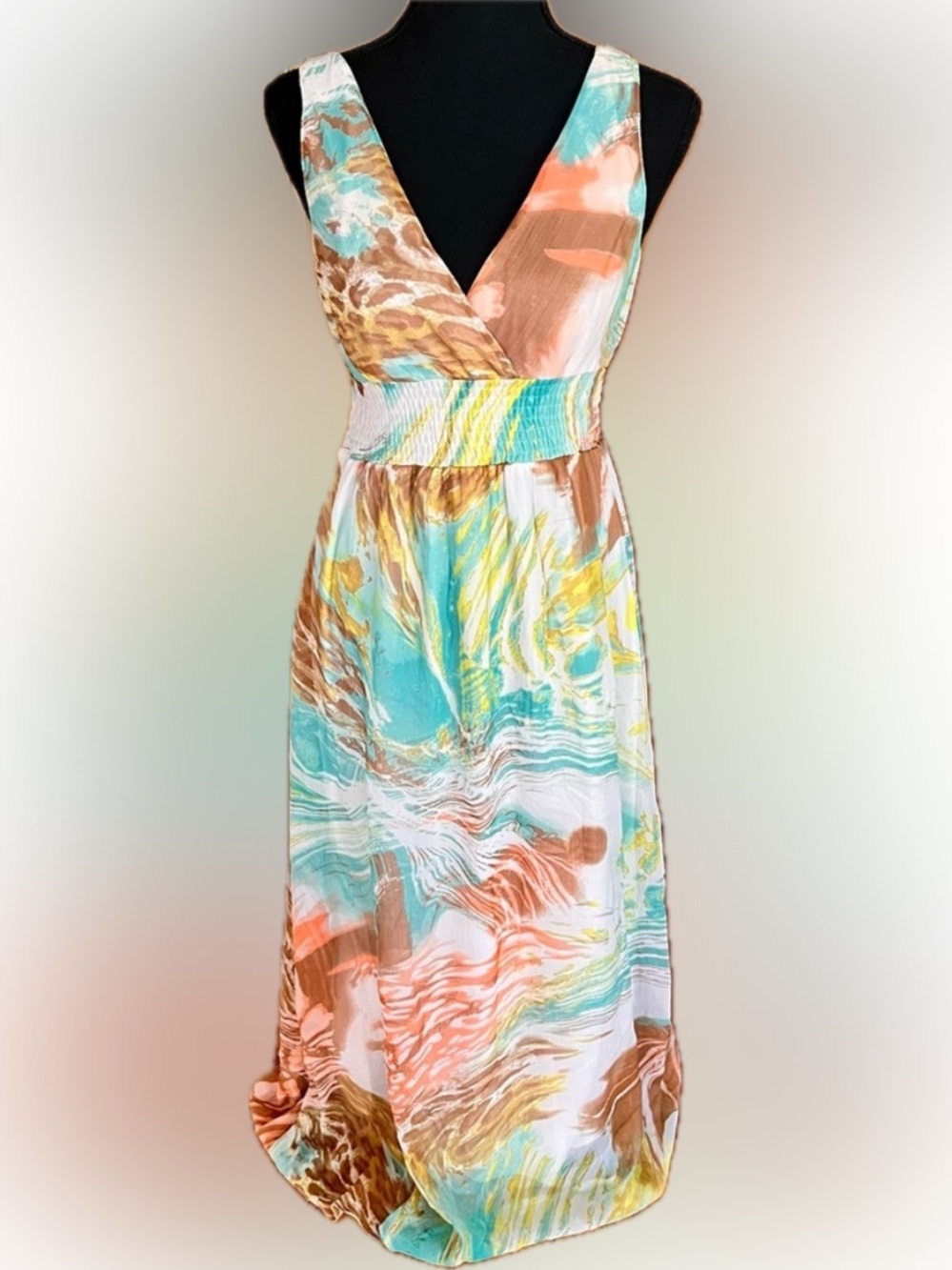 NWT Chaudry KC Boho Maxi Dress SZ S Multicolor Watercolor V-Neck Lined India 51”